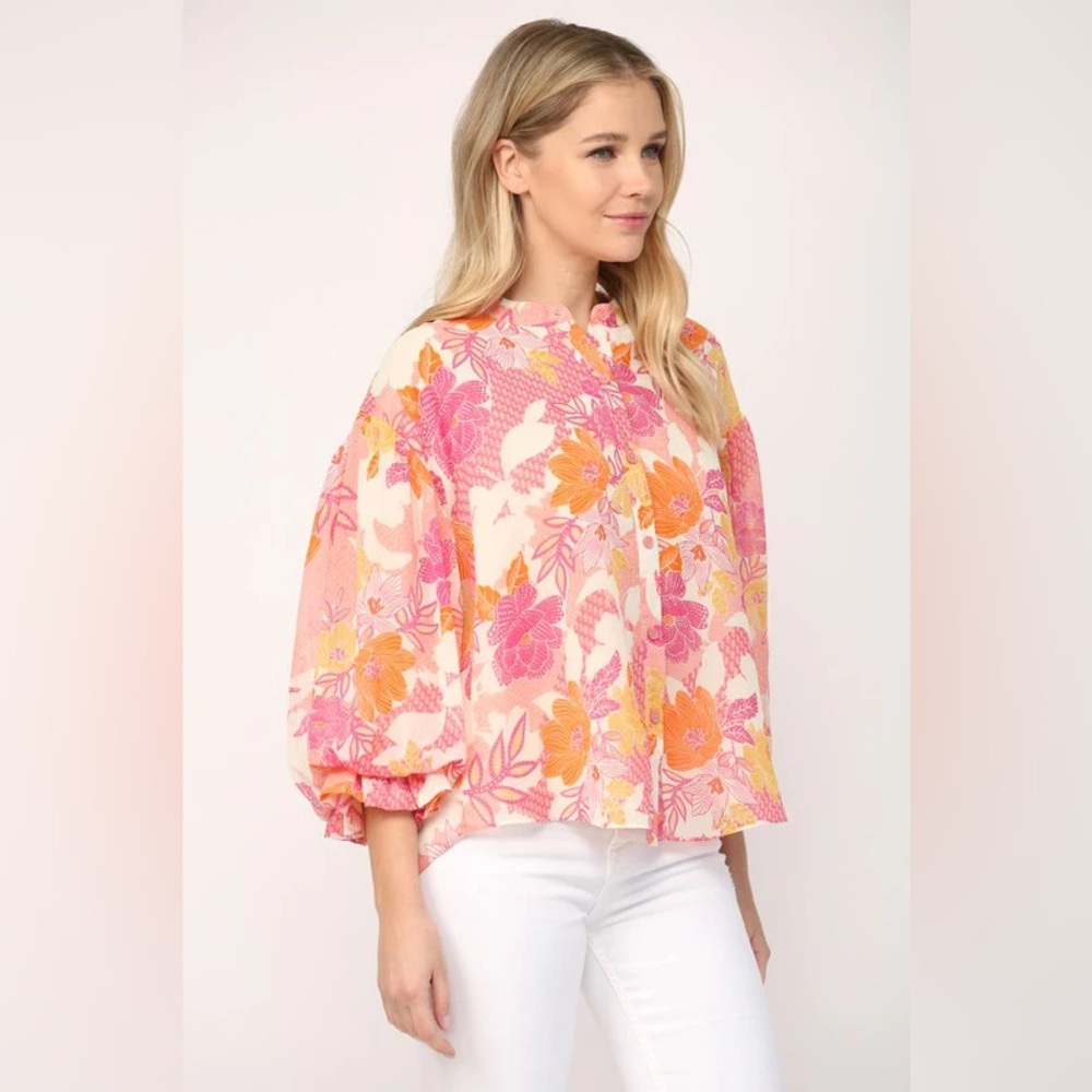 NWT Fate Elodie Kat Bubble Sleeve Button Up Blouse floral boho career preppy